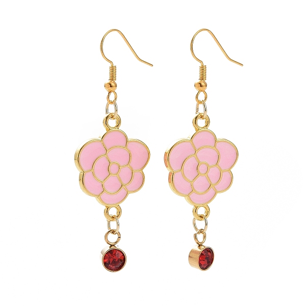 

PandaHall Enamel Peony with Rhinstone Dangle Earrings, Golden Alloy Long Drop Earrings for Women, Pearl Pink, 58mm, Pin: 0.6mm Rhinestone