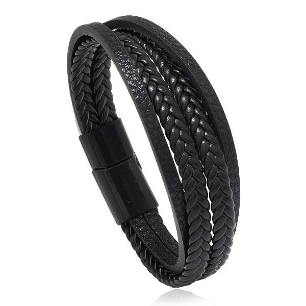 

PandaHall Minimalist Braided Leather Magnetic Clasp Bracelet for Men - Retro and Trendy Design, Black, size 1 Leather Black