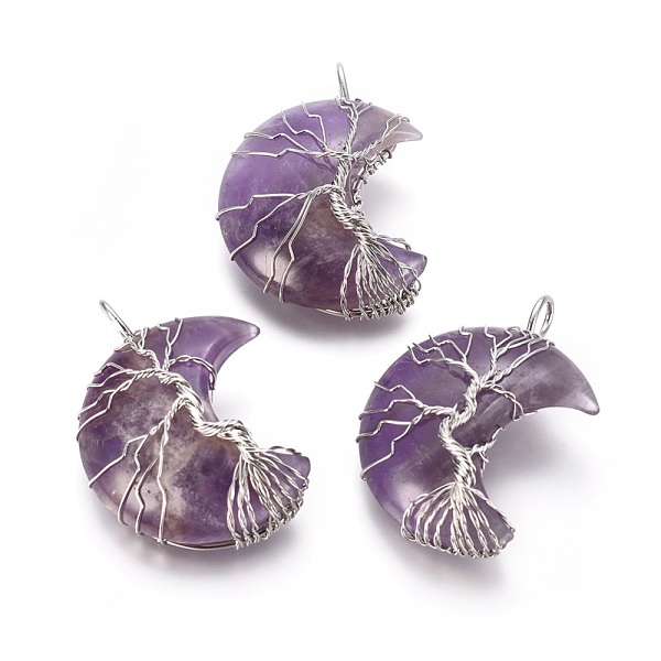 

PandaHall Natural Amethyst Tree of Life Wire Wrapped Pendants, with Brass Findings, Crescent Moon, Platinum, 44~46x26~32x12.5mm, Hole...