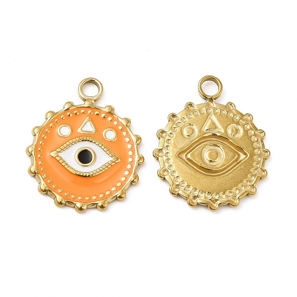 

PandaHall Vacuum Plating 201 Stainless Steel Enamel Pendants, Real 18K Gold Plated, Flat Round with Eye Charm, Dark Orange, 21.5x18x1.5mm...