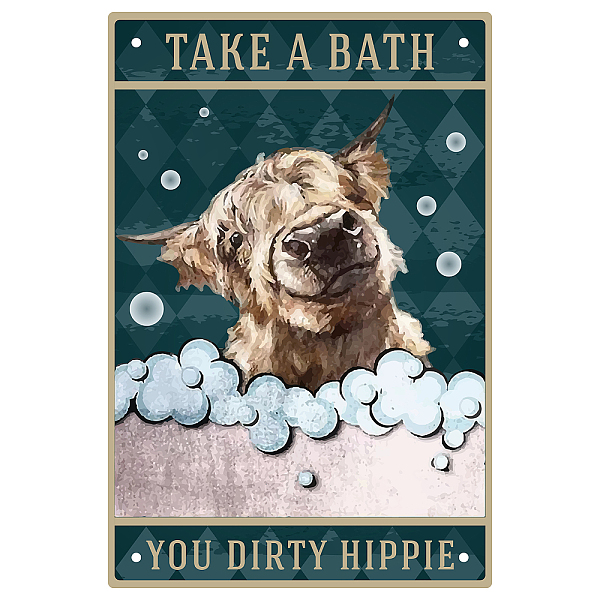 PandaHall Iron Sign Posters, for Home Wall Decoration, Rectangle with Word Take A Bath You Dirty Hippie, Dog Pattern, 300x200x0.5mm Iron Dog
