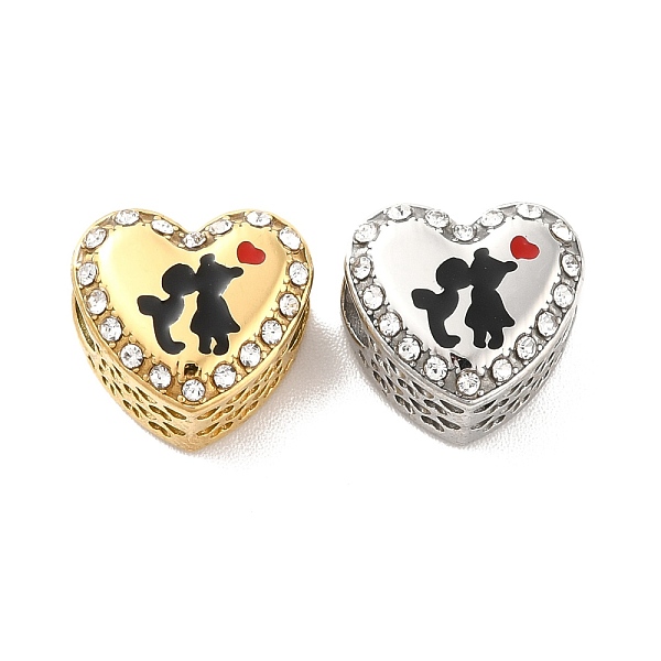 PandaHall 304 Stainless Steel European Beads, Large Hole Beads, with Rhinestone and Enamel, Heart & Lovers, Mixed Color, 11.5x12.5x8.2mm...