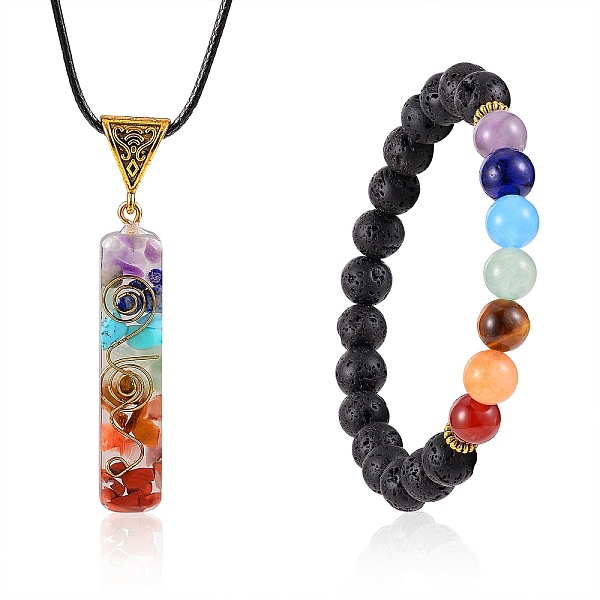 

PandaHall Energy Yoga Chakra Jewelry Set for Girl Women, Natural Lava Rock Stretch Bracelet and Rectangle Natural Gemstone Inside Resin..., Multicolor