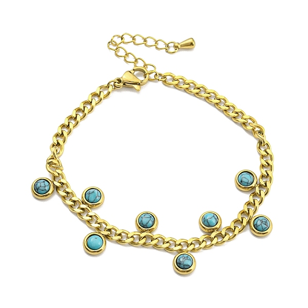 

PandaHall Synthetic Turquoise Flat Round Charm Bracelet, with Ion Plating(IP) 304 Stainless Steel Curb Chains, Golden, 6-1/2 inch(16.4cm)...