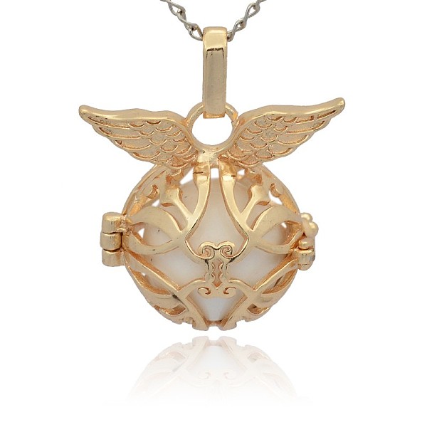 

PandaHall Golden Tone Brass Cage Pendants, Hollow Round with Wing, with No Hole Spray Painted Brass Round Ball Beads, White, 26x29x20mm...