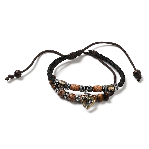 

PandaHall Wooden Braided Double Layer Multi-strand Bracelets, Adjustable Bracelet with Alloy Heart Charms, Sienna, Inner Diameter..., Brown
