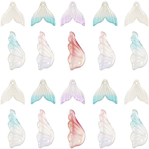 

PandaHall Transparent Spray Painted Glass Pendants, with Glitter Powder, Butterfly Wings & Fishtail Shape, Mixed Color, 120pcs/box Glass..., Multicolor