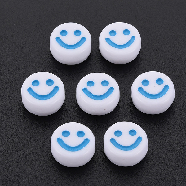 

PandaHall Opaque Acrylic Beads, with Enamel, Flat Round with Smile Face, Deep Sky Blue, 10x5mm, Hole: 2mm, about 1450pcs/500g Acrylic Flat...