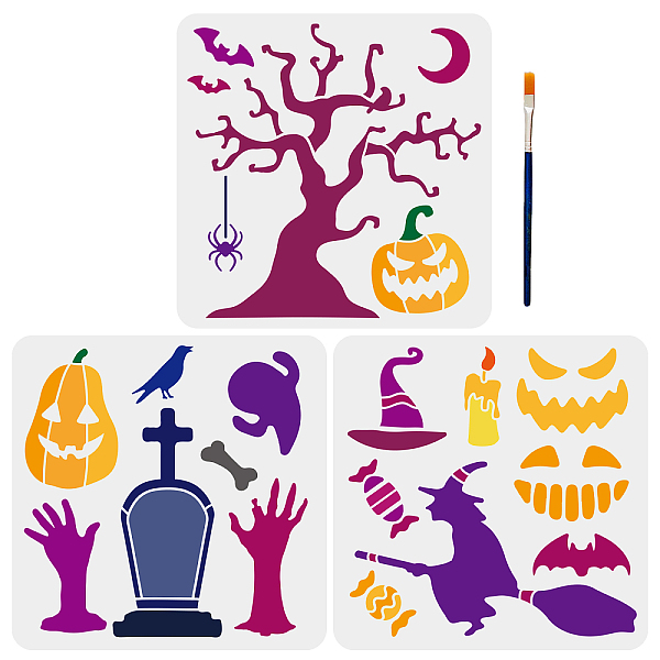 

PandaHall MAYJOYDIY US 1 Set PET Hollow Out Drawing Painting Stencils, with 1Pc Art Paint Brushes, Halloween Themed Pattern, Painting...