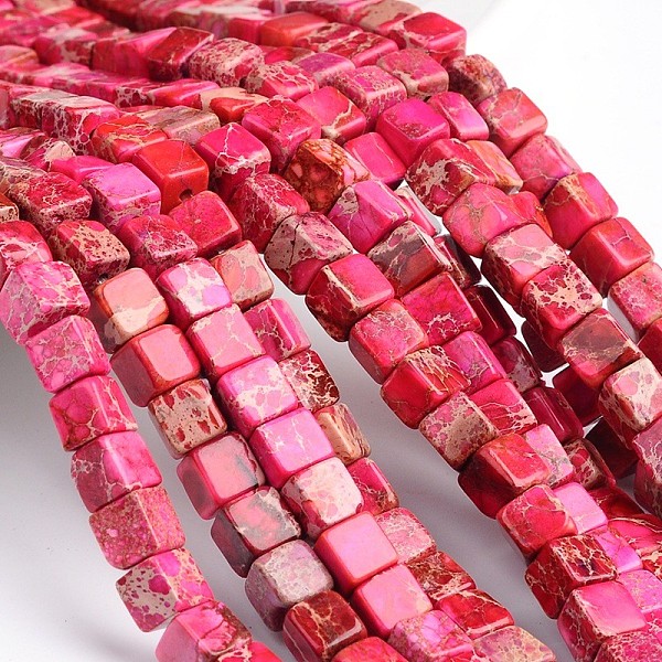 

PandaHall Dyed Natural Imperial Jasper Cube Beads Strands, Cerise, 6x6x6mm, Hole: 1mm, about 60pcs/strand, 15.3 inch Imperial Jasper Cube..., Red