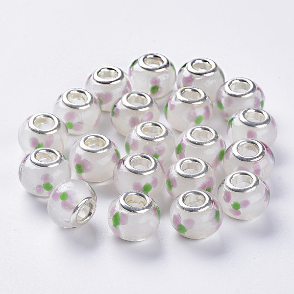 

PandaHall Handmade Lampwork European Beads, Large Hole Beads, with Silver Color Plated Brass Double Cores, Inner Flower Lampwork, Rondelle...