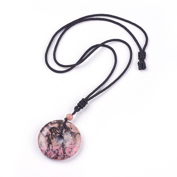 PandaHall Adjustable Natural Rhodonite Pendant Necklaces, with Nylon Theard, Donut/Pi Disc, 23.6 inch~24.8 inch(60~63cm), Donut: 40x6~9mm...