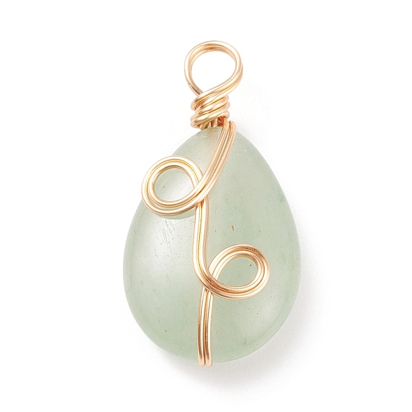 

PandaHall Natural Green Aventurin Pendants, Twisted with Golden Tone Copper Wire, Teardrop, 25x13x7mm, Hole: 3.9mm Green Aventurine Teardrop