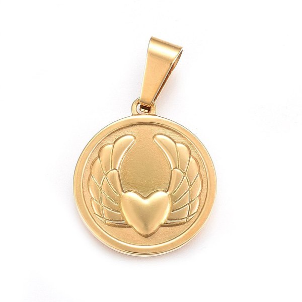 

PandaHall 304 Stainless Steel Pendants, Flat Round with Heart and Wing, Golden, 28.5x25x2.5mm, Hole: 10x6mm 304 Stainless Steel Flat Round