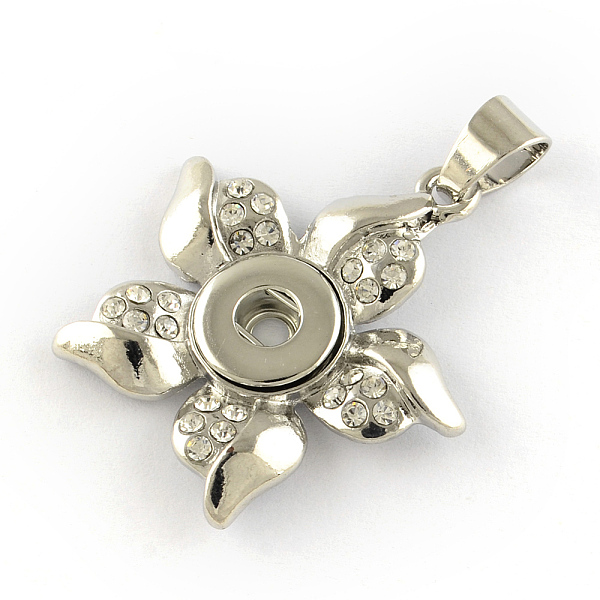 

PandaHall Alloy Rhinestone Jewelry Pendants Making, For Snap Buttons, Flower, Platinum, Crystal, 36.5x34x5mm, Hole: 7x6mm, Fit snap button..., Clear