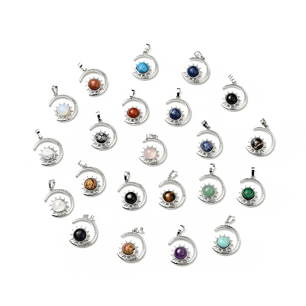 

PandaHall Natural & Synthetic Mixed Gemstone Pendants, with Platinum Tone Brass Findings, Lead Free & Cadmium Free, Moon with Sun Charms...
