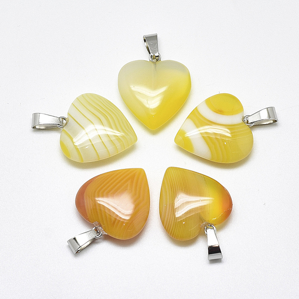 

PandaHall Natural Banded Agate/Striped Agate Pendants, Dyed, with Stainless Steel Snap On Bails, Heart, Stainless Steel Color, Yellow...