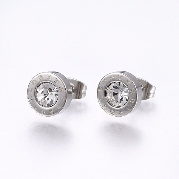 

PandaHall 304 Stainless Steel Stud Earrings, with Rhinestone, Flat Round with Roman Numerals, Crystal, 9x3.5mm, Pin: 0.8mm, 12pairs/card..., Clear