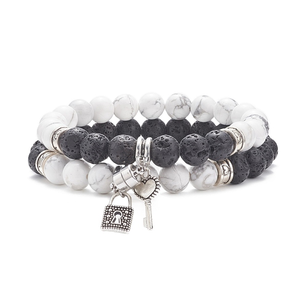 

PandaHall Key & Lock Alloy Charms Bracelets Set for Couples, Natural Lava Rock & Howlite Beaded Stretch Bracelets, with Magnetic Clasp...