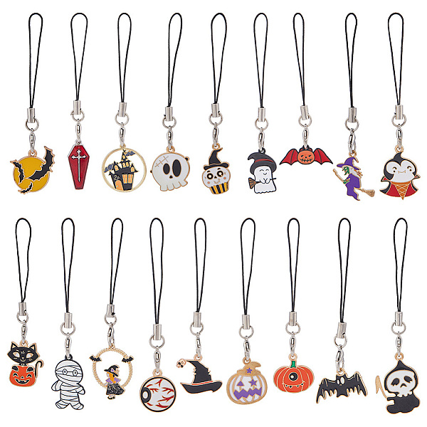 PandaHall SUPERFINDINGS Cell Phone Straps for Halloween, with Alloy Enamel Pandant and Nylon Cord Loop, Cat/Ghost/Pumpkin/Bat/Witch, Mixed...