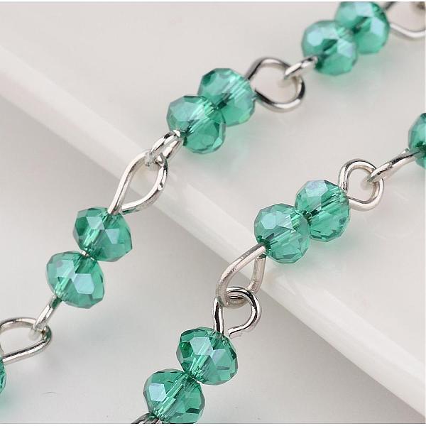 

PandaHall Handmade Brass Glass Beaded Chains, Unwelded, Light Sea Green, 1000mm Brass+Glass Green
