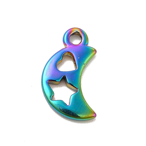

PandaHall Ion Plating(IP) 304 Stainless Steel Pendants, Hollow, Moon with Heart & Star, Rainbow Color, 17.5x10x2mm, Hole: 1.8mm 304...