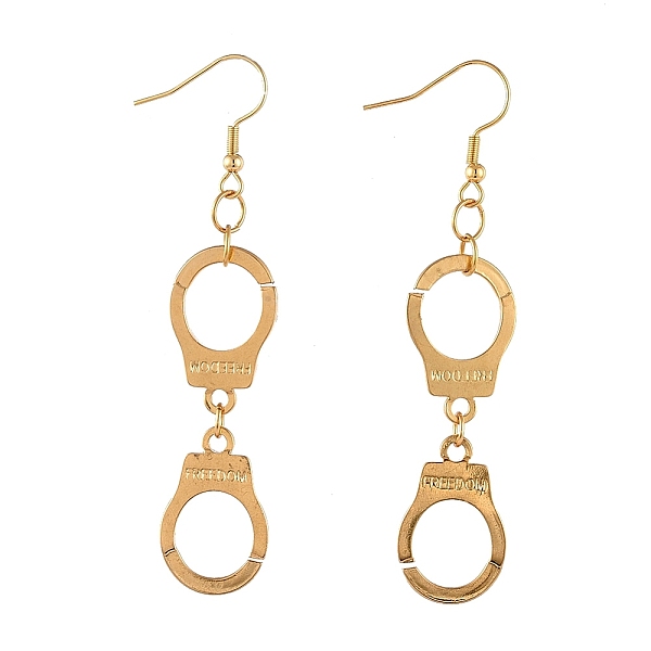 

PandaHall Dangle Earrings, 304 Stainless Steel Earring Hooks, Handcuffs Shape with Word Freedom, Golden, 73mm 304 Stainless Steel