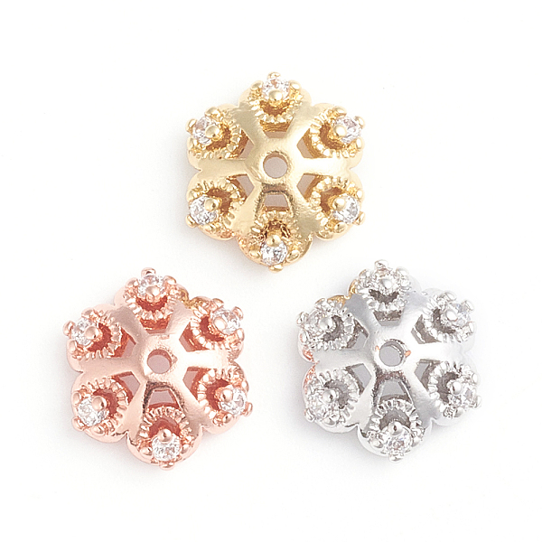 

PandaHall 6-Petal Brass Micro Pave Clear Cubic Zirconia Fancy Bead Caps, Flower, Mixed Color, 9x3mm, Hole: 1mm Brass+Cubic Zirconia Clear