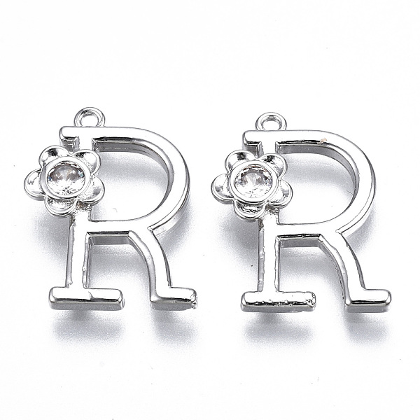

PandaHall Brass Pendants, with Rhinestones, Alphabet, Platinum, Letter.R, 18x13x2.5mm, Hole: 1mm Brass+Rhinestone Letter R