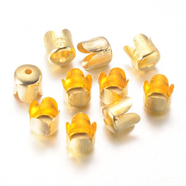 

PandaHall Iron Bead Caps, Flower, 4-Petal, Golden Color, about 6.5mm in diameter, 7mm thick, hole: 1mm Iron