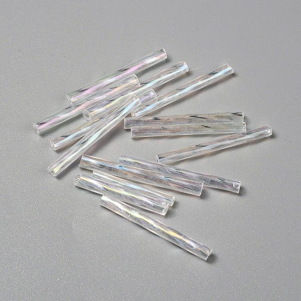 

PandaHall Transparent Colours Rainbow Glass Twist Bugle Beads, Round Hole, White, 25~27x3mm, Hole: 1mm, 100pcs/bag Glass White