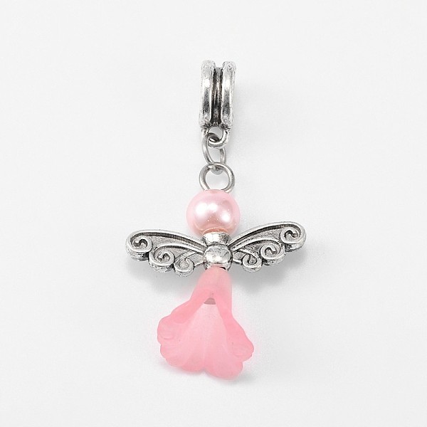 

PandaHall Lovely Wedding Dress Angel Alloy European Dangle Large Hole Pendants, with Glass Pearl Beads and Transparent Acrylic Beads, Pink...