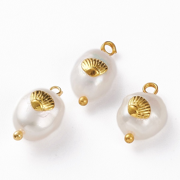 

PandaHall Natural Keshi Pearl Pendants, with Alloy Cabochons and Brass Loops, Oval with Scallop Shell, Golden, 13~16x8~9x5~8mm, Hole: 2mm...