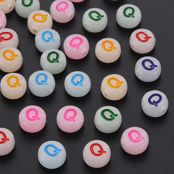 

PandaHall Acrylic Beads, Glow in the Dark, with Enamel and Luminous, Horizontal Hole, Flat Round with Alphabet, Letter.Q, 6.5x7x4mm, Hole..., Multicolor