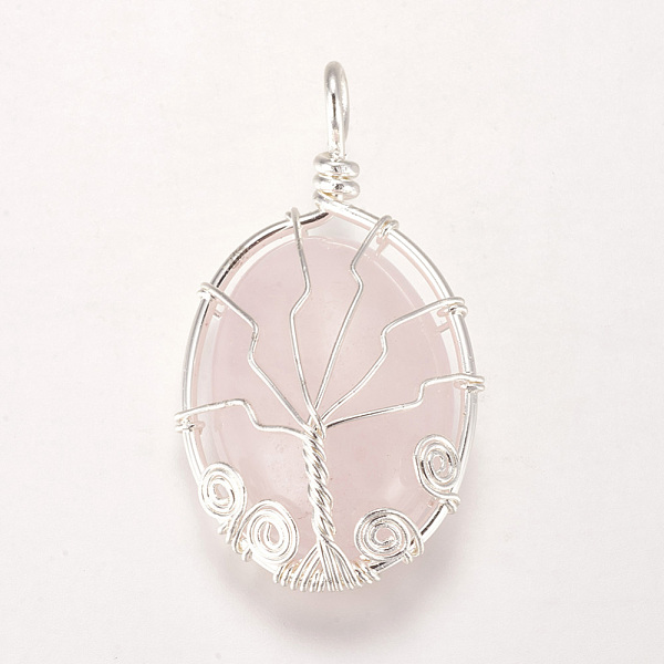 

PandaHall Natural Rose Quartz Pendants, with Brass Findings, Oval with Tree, Silver Color Plated, 39~39.5x22~23x9~10mm, Hole: 4mm Rose...