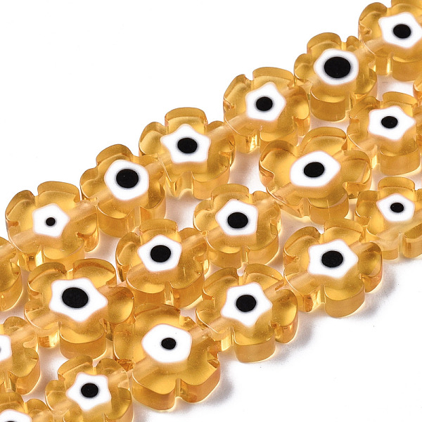 

PandaHall Handmade Lampwork Beads Strands, Flower with Evil Eye, Goldenrod, 7~9x7~9x3mm, Hole: 0.8mm, about 50~52pcs/strand, 14.57..., Gold