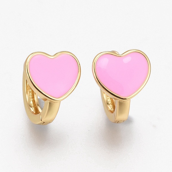 

PandaHall Brass Enamel Huggie Hoop Earrings, Long-Lasting Plated, Heart, Real 18K Gold Plated, Pearl Pink, 10x15x2.5mm, Pin: 1mm Brass Heart
