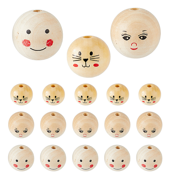 

PandaHall DICOSMETIC 18Pcs 3 Styles Printed Wood Beads, Large Hole Round Beads with Smiling Face Pattern, Undyed, BurlyWood..., Orange