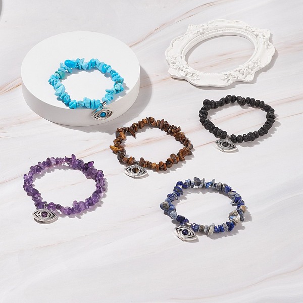 

PandaHall Gemstone Chips Beaded Stretch Bracelet with Alloy Horse Eye for Women, Inner Diameter: 2 inch(5cm) Mixed Stone