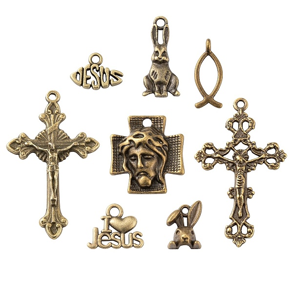 

PandaHall 80Pcs 8 Style Easter Themed Tibetan Style Alloy Pendants, Rabbit & Jesus Fish & Heart & Name Jesus & Cross, Antique Bronze...