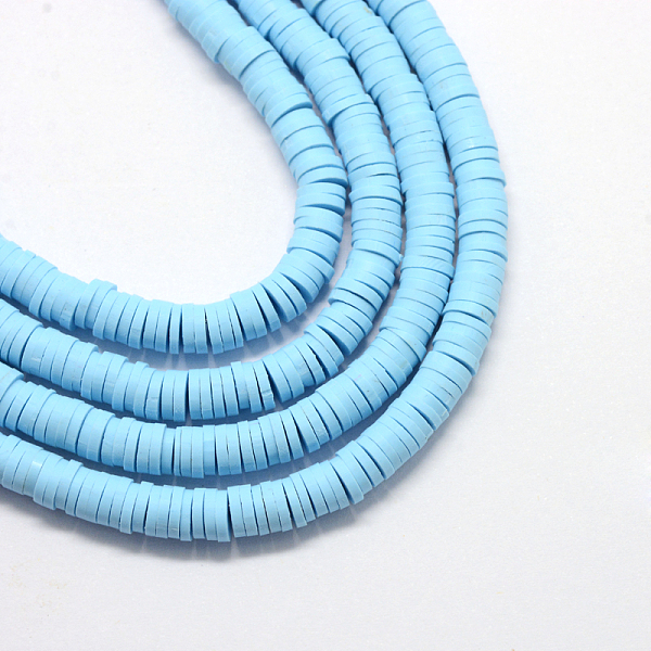 

PandaHall Handmade Polymer Clay Beads, Disc/Flat Round, Heishi Beads, Light Sky Blue, 6x1mm, Hole: 2mm, about 380~400pcs/strand, 17.7 inch...
