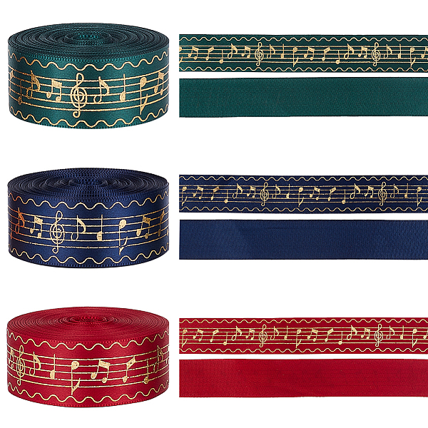 PandaHall 36 Yards 3 Colors Laser Style Polyester Satin Ribbons, Gold Stamping Musical Note Pattern, Mixed Color, 1 inch(25mm), about 12...