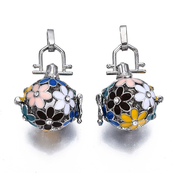 

PandaHall Rack Plating Brass Cage Pendants, For Chime Ball Pendant Necklaces Making, with Enamel and Rhinestone, Hollow Round with Flower...