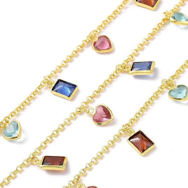 

PandaHall Colorful Glass Heart & Rectangle Charms Chains, with Rack Plating Eco-Friendly Handmade Brass Rolo Chains, Soldered, with Spool...
