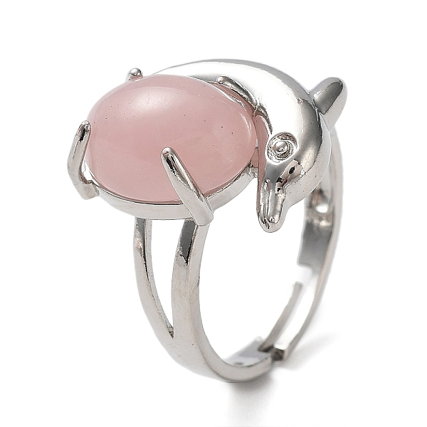 Anillo Ajustable Ovalado De Cuarzo Rosa Natural Con Delfín