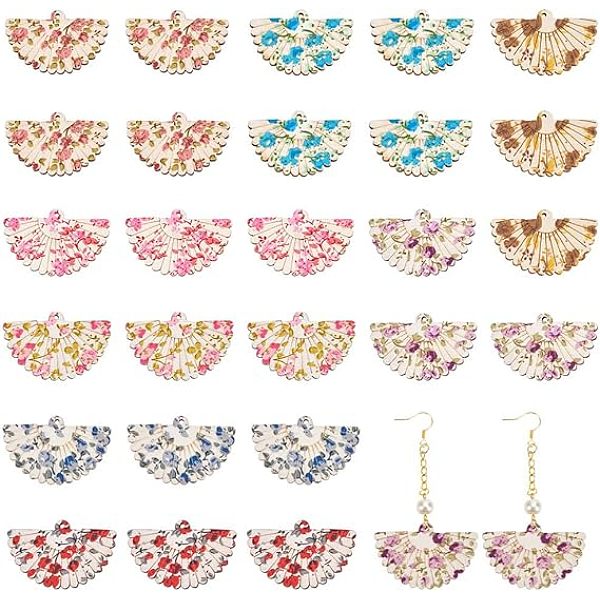 

PandaHall 48Pcs 8 Colors Printed Flower Wood Pendants, Dyed, Fan Charms, Mixed Color, 31~31.5x48.5~49x2~3mm, Hole: 1.8~2mm, 6pcs/color Wood..., Multicolor