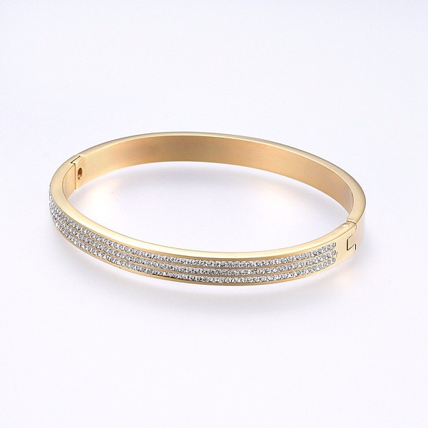 

PandaHall 304 Stainless Steel Bangles, with Polymer Clay Rhinestone, Golden, 2-3/8 inch(6cm)x2 inch(5cm), 7mm Rhinestone Clear