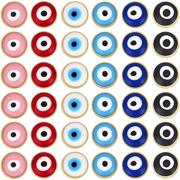 PandaHall 60 Pieces Acrylic Evil Eye Beads, 7.5mm Flat Round Opaque Gold Plated Evil Eye Charms for DIY Jewellery Making, 6 Assorted Colors...