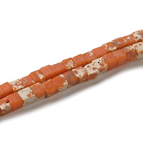 

PandaHall Synthesis Imperial Jasper Beads Strands, Dyed, Cube, Orange, 2~2.5x2.5~3.5x2.5~3mm, Hole: 0.4mm, about 157~165pcs/strand...
