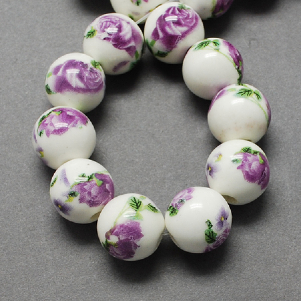 

PandaHall Handmade Printed Porcelain Beads, Round, Orchid, 12mm, Hole: 2mm Porcelain Round Purple